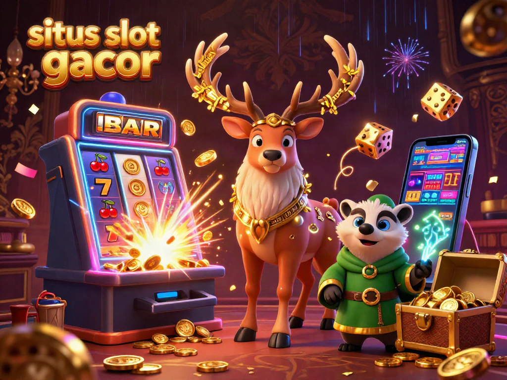 Situs slot gacor showcases an exciting casino scene featuring slot machines, vibrant characters, and dynamic gaming elements.