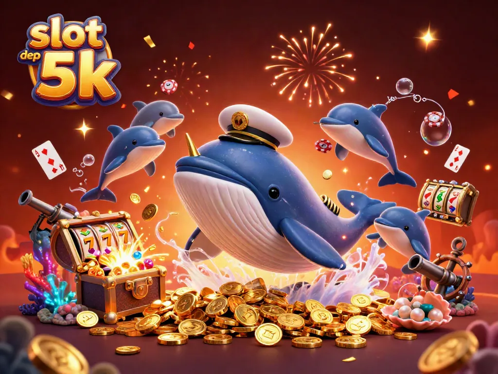 Engage in thrilling gameplay with slot deposit 5k featuring a cartoon whale and dolphins among gold coins.