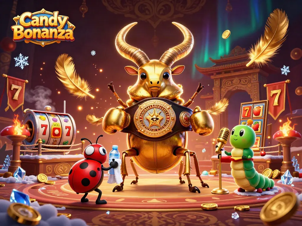Engage in thrilling Candy Bonanza slot action with vibrant 3D characters in a dynamic casino setting.