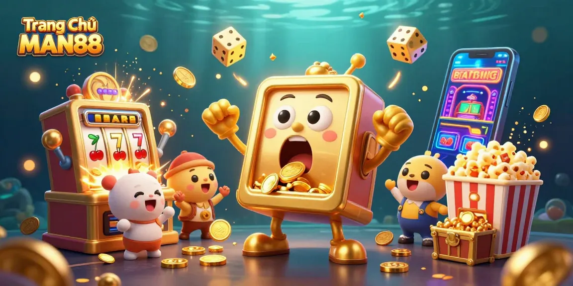 Experience the excitement at Trang Chủ MAN88 with a joyous scene of a golden slot machine hitting the jackpot as smaller machines cheer, showcasing a vibrant casino atmosphere.