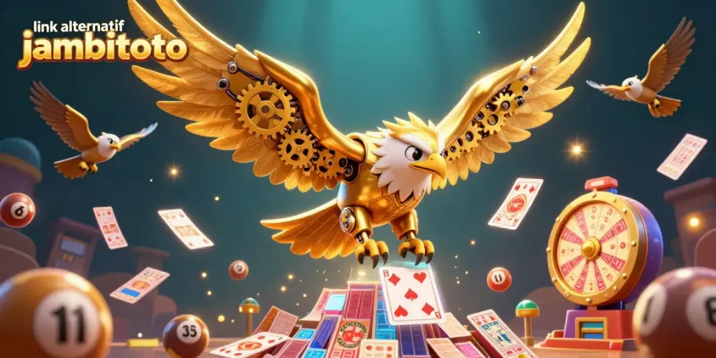 Engage with the exciting link alternatif jambitoto showcase featuring a cybernetic eagle diving amidst dynamic lottery elements.