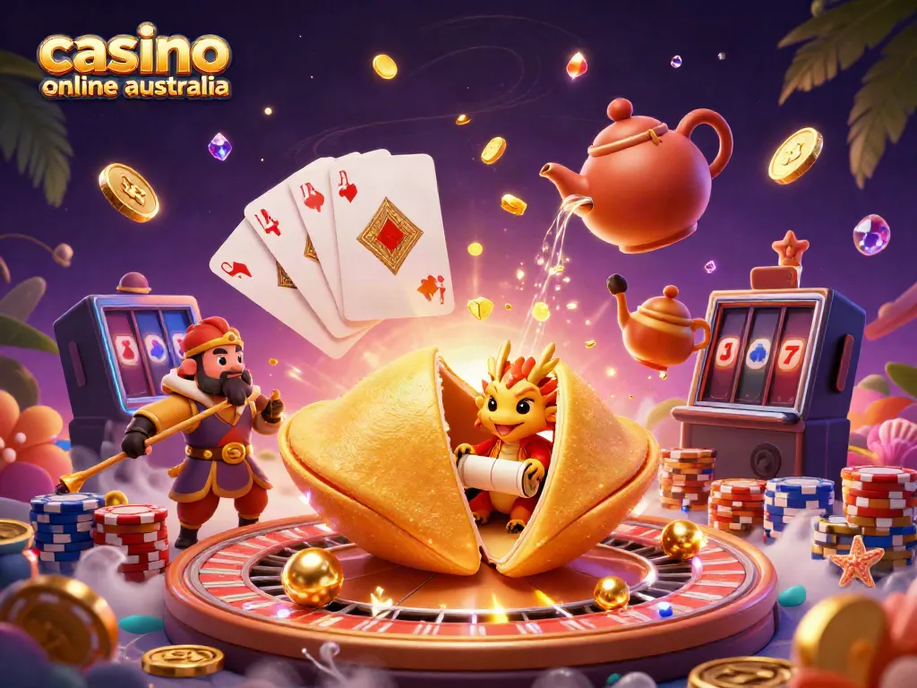 Experience the excitement of casino online Australia with a vibrant scene featuring a magical dragon and golden fortune cookie.