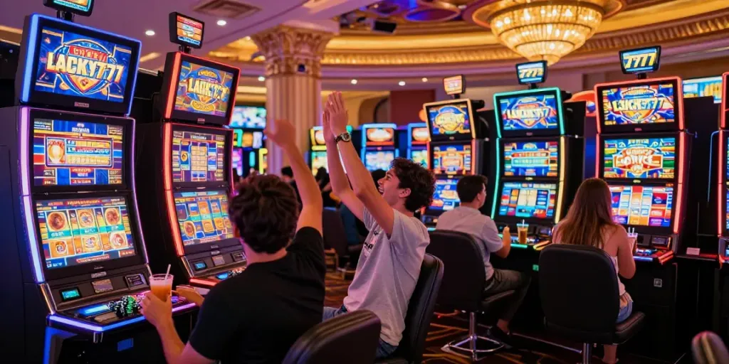 Exciting Lucky777 casino gaming scene with players celebrating wins and vibrant decor.
