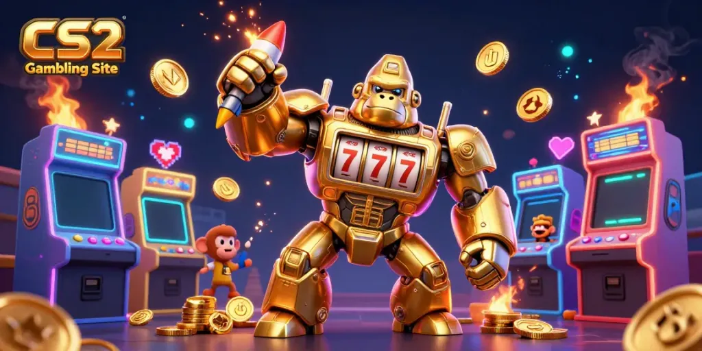 Experience thrilling CS2 Gambling Site action with a dynamic golden gorilla mech amidst vibrant gaming elements.