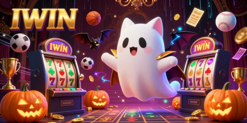 IWIN ghost cat magically navigates a haunted casino with glowing poker jack-o-lanterns, celebrating thrilling gameplay.