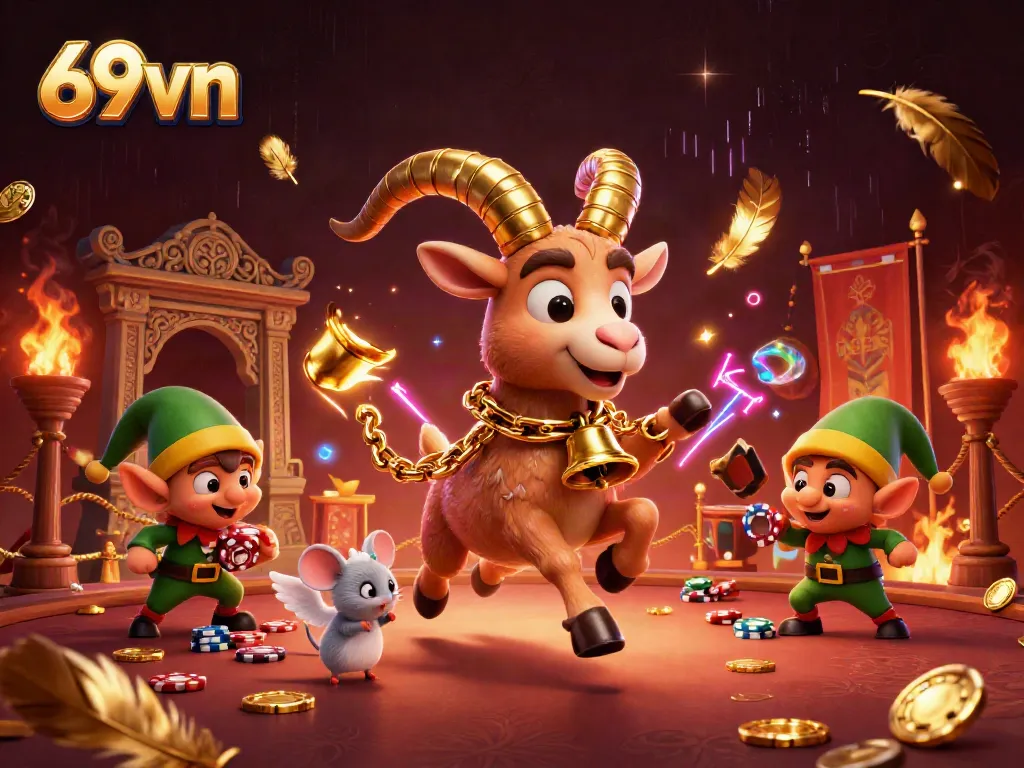 Experience thrilling bets with 69vn at an enchanting casino featuring animated characters and vibrant scenes.