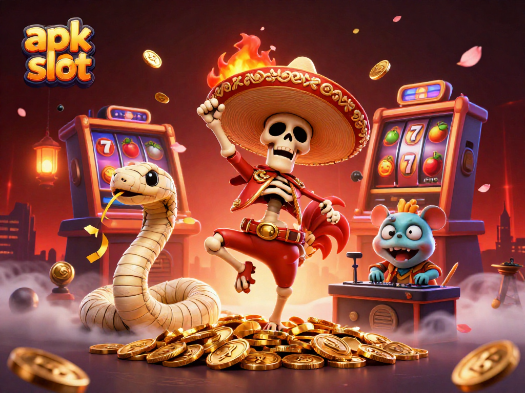 Memperlihatkan apk slot dengan rasa pesta judi menampilkan karakter kartun 3D di atas tumpukan koin emas.