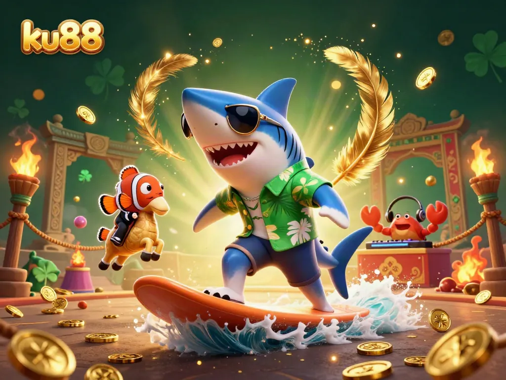 Join ku88 for thrilling online gambling action featuring a shark surfing on gold coins!