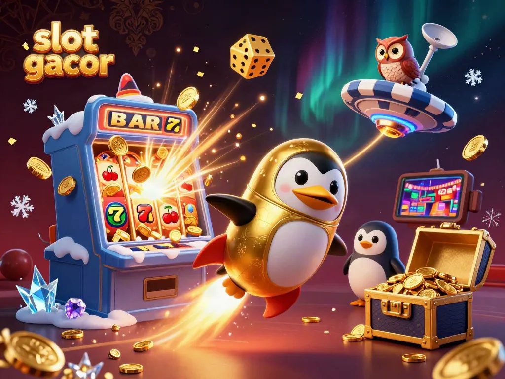 Experience the excitement of slot gacor with a golden penguin launching into a cosmic casino adventure.