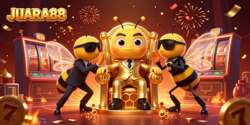 Experience the vibrant casino atmosphere with JUARA88's charming characters in a captivating digital illustration.