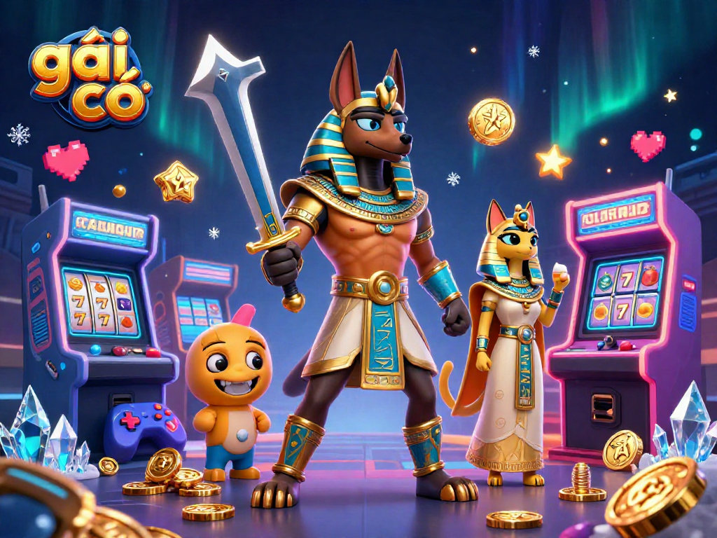 Engage with gái gọi through a vibrant 3D casino scene featuring Anubis and Bastet.