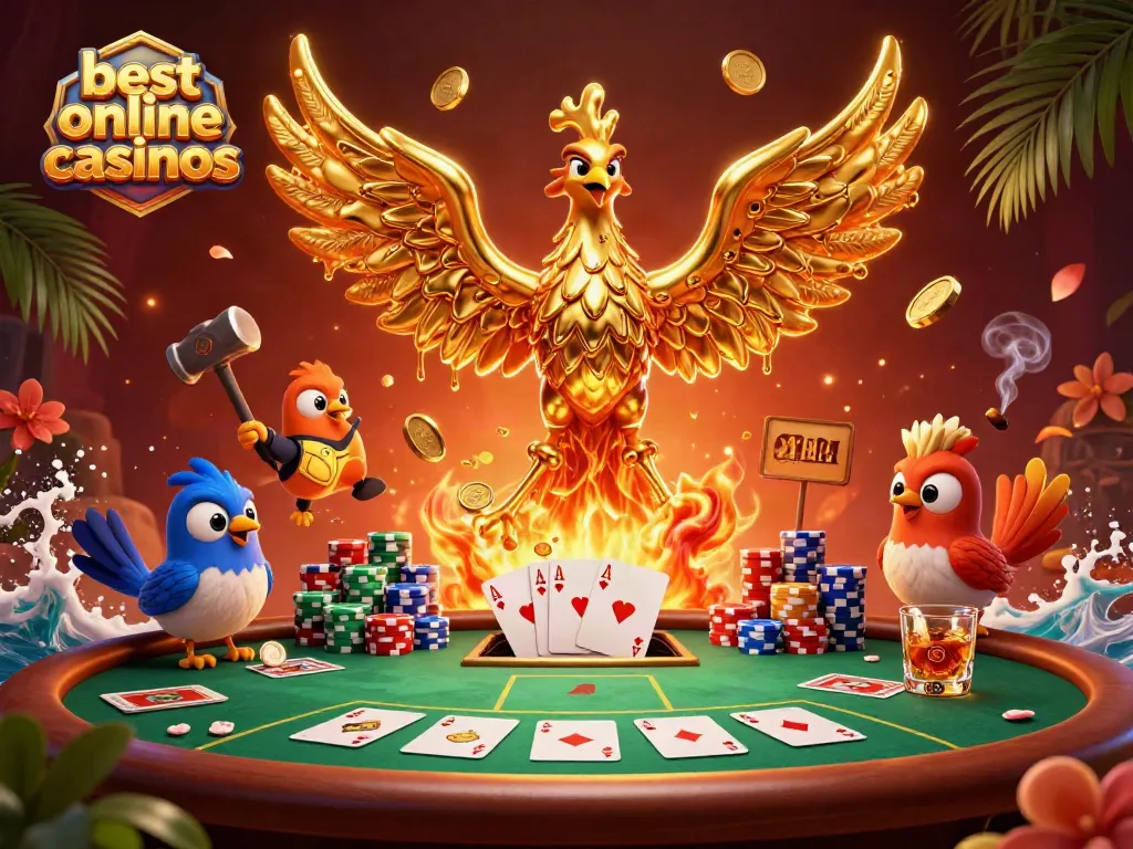Experience the excitement of the best online casinos with a golden phoenix and poker elements.