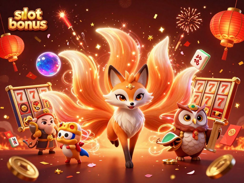 Experience thrilling gameplay with slot bonuses featuring a colorful nine-tailed fox amidst vibrant casino elements.