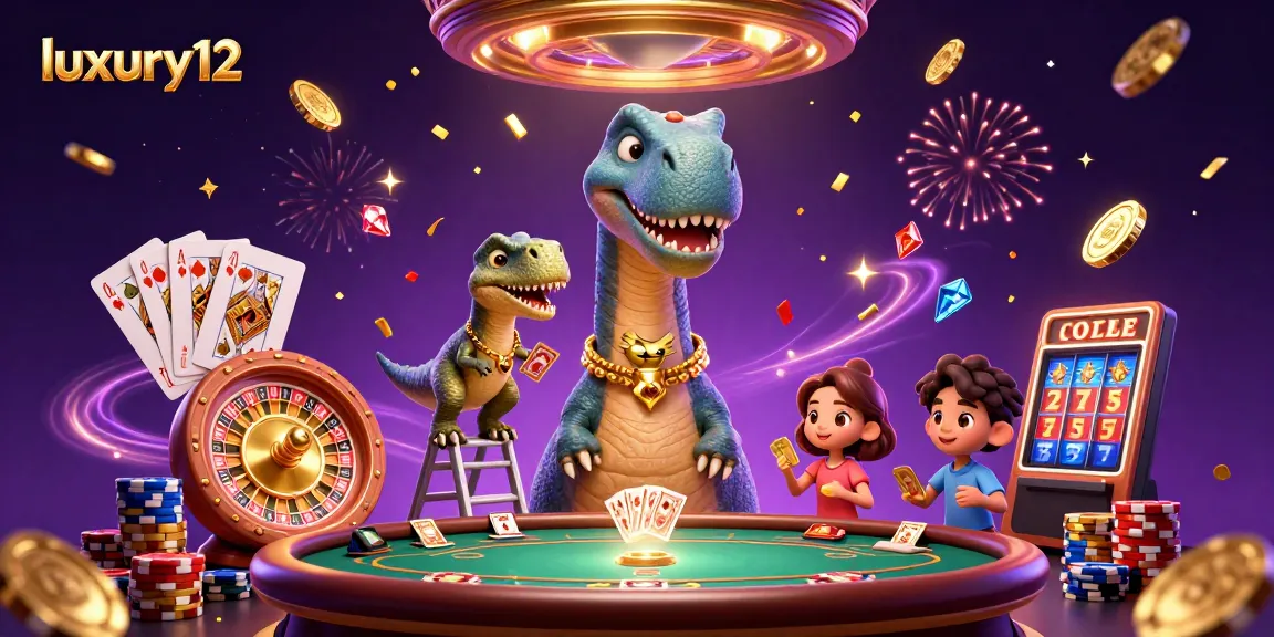 Experience the thrill of luxury12 with a dynamic casino scene featuring a playful dinosaur and dazzling game elements.
