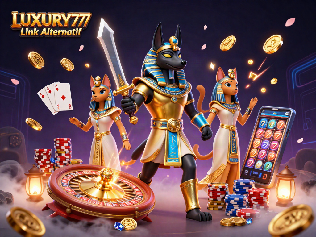 Visualisasi LUXURY777 Link Alternatif dengan Anubis dan Bastet dalam suasana kasino yang magis