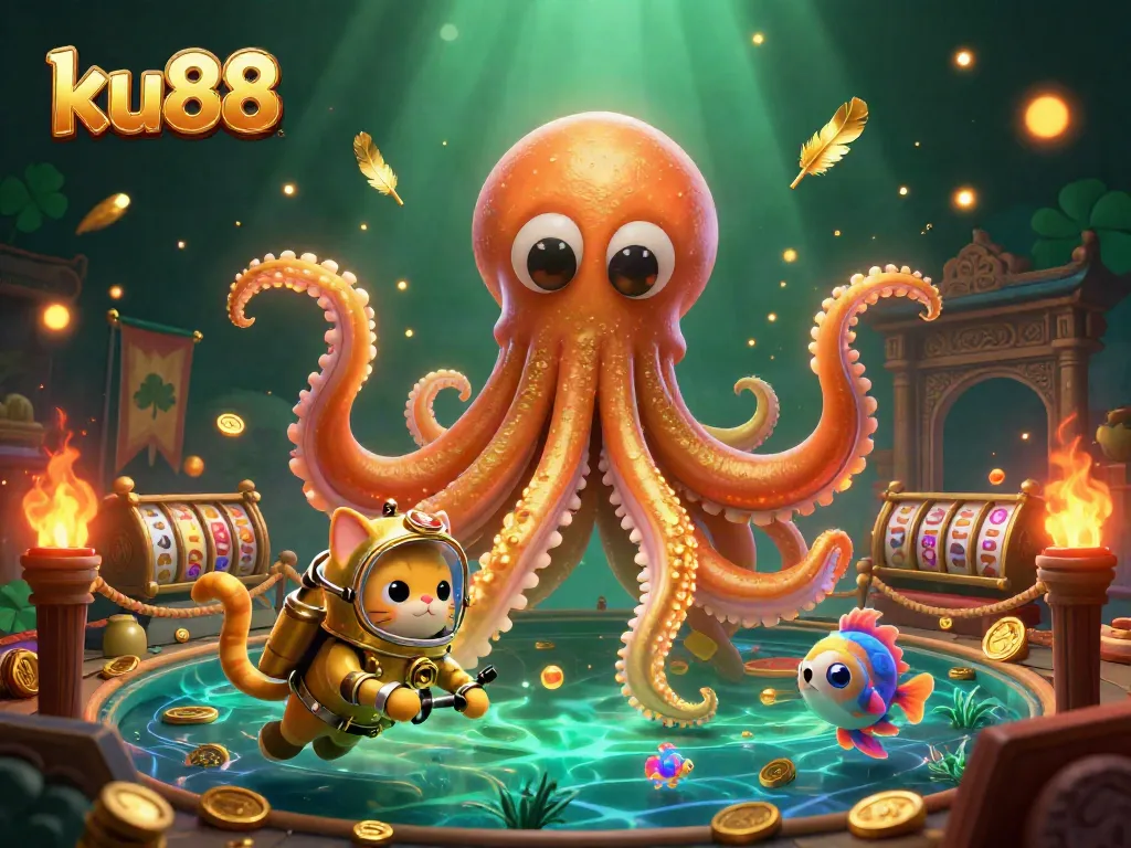 Experience thrilling gaming with ku88's immersive casino scene featuring a kraken, diving cat, and dynamic elements.