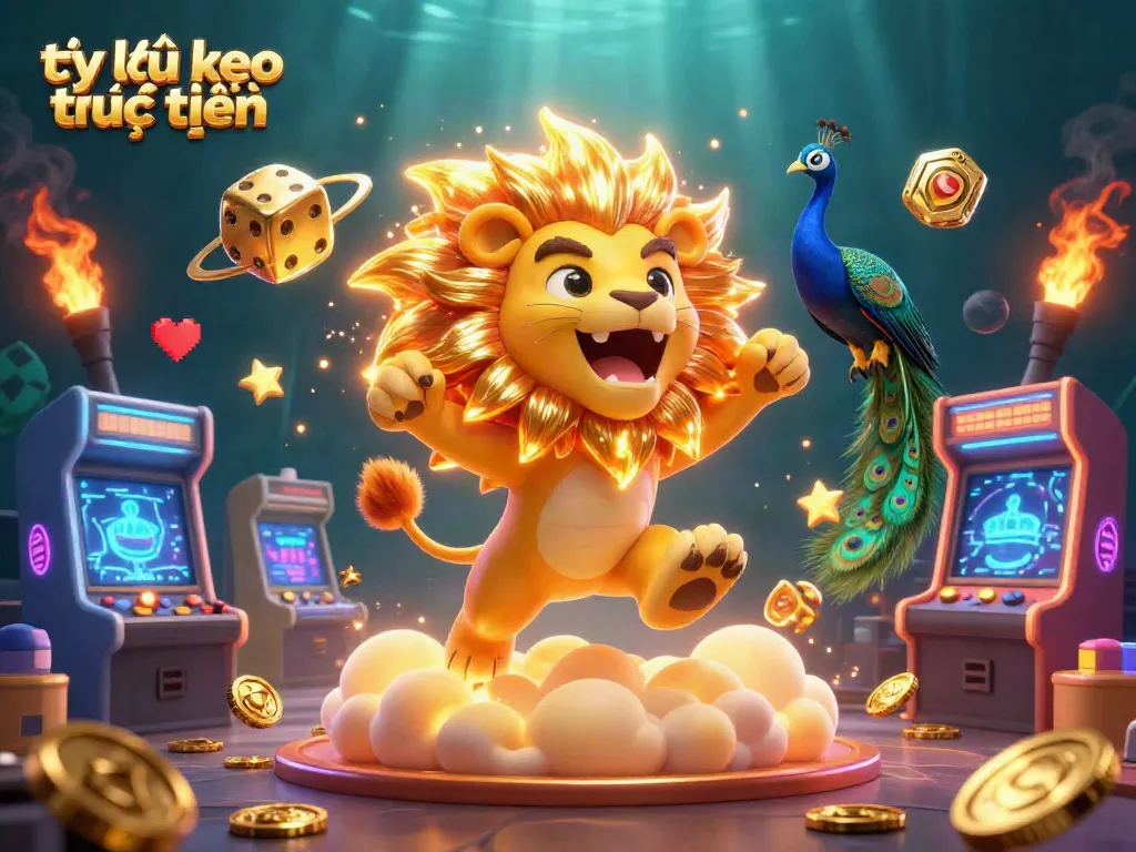 View vibrant tỷ lệ kèo trực tuyến graphics with a roaring lion, golden dice, and casino games.