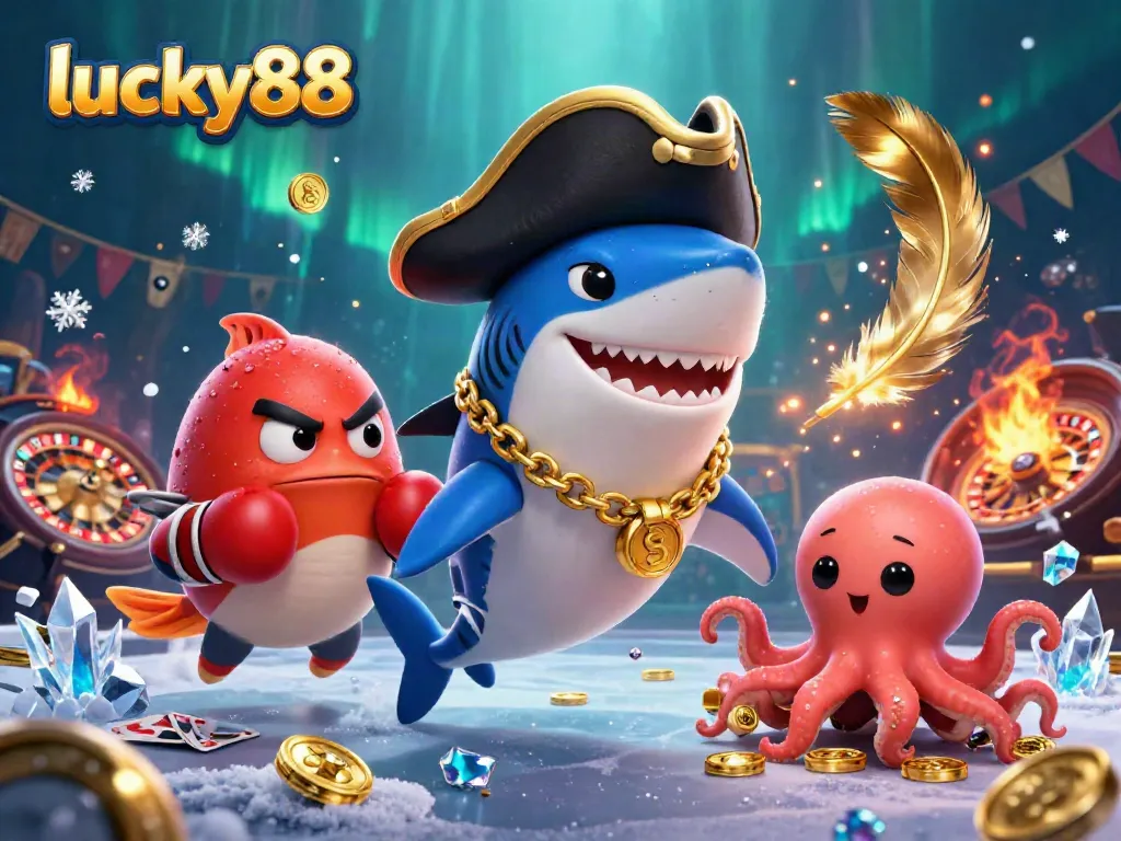 Experience gaming excitement with lucky88 featuring a playful pirate shark, pufferfish, and octopus in an engaging casino scene.