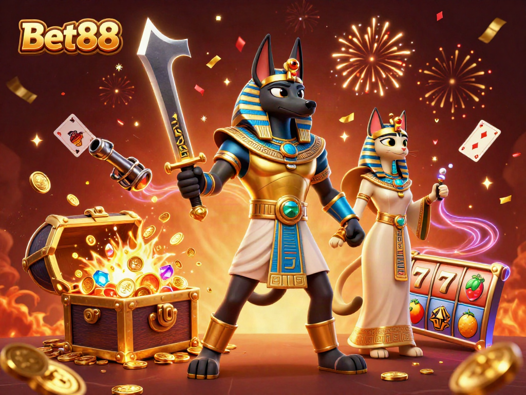 Celebrate wins with Bet88 as Anubis and Bastet deliver jackpots and gaming thrills in a vivid casino scene.