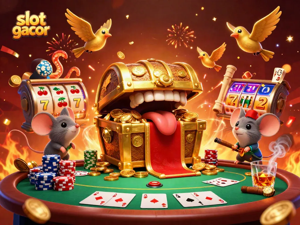 Menggoda pemain dengan slot gacor, dada harta karun kartun 3D dan variasi kartu poker berwarna-warni.