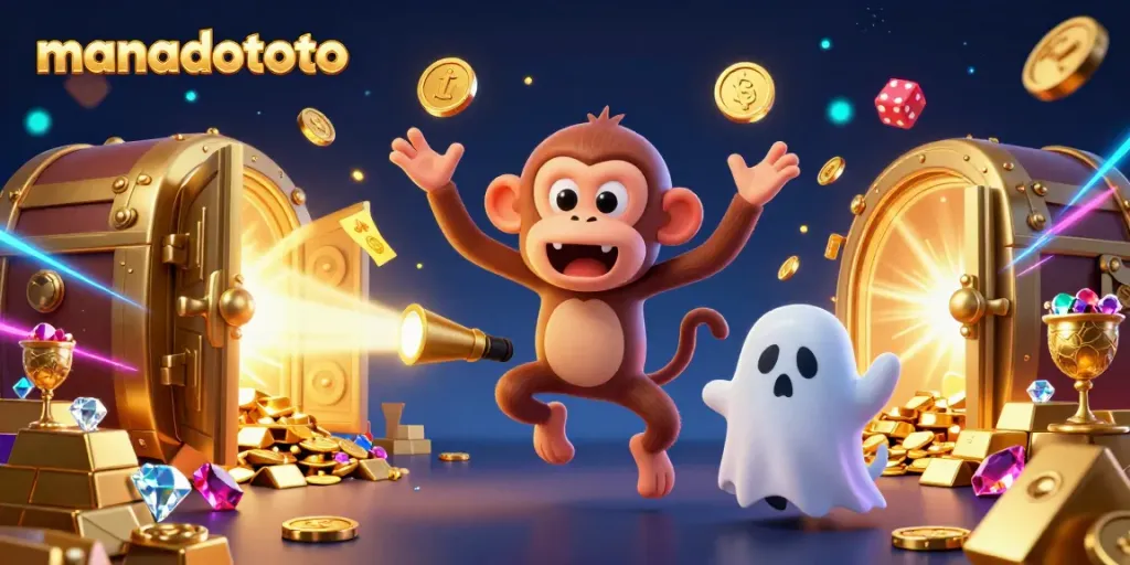 Engage with manadototo's dynamic casino scene featuring a mischievous ghost and a playful puppy, radiating excitement.