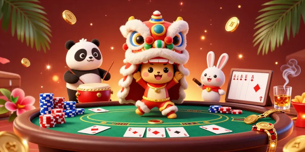 Experience the thrilling gameplay of 8KBET with vibrant casino scenes, abundant poker chips and festive decorations.