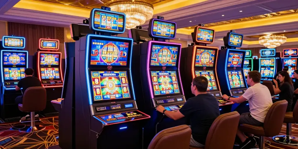 Exciting slot gaming experience in a luxurious casino atmosphere with players at vibrant machines.