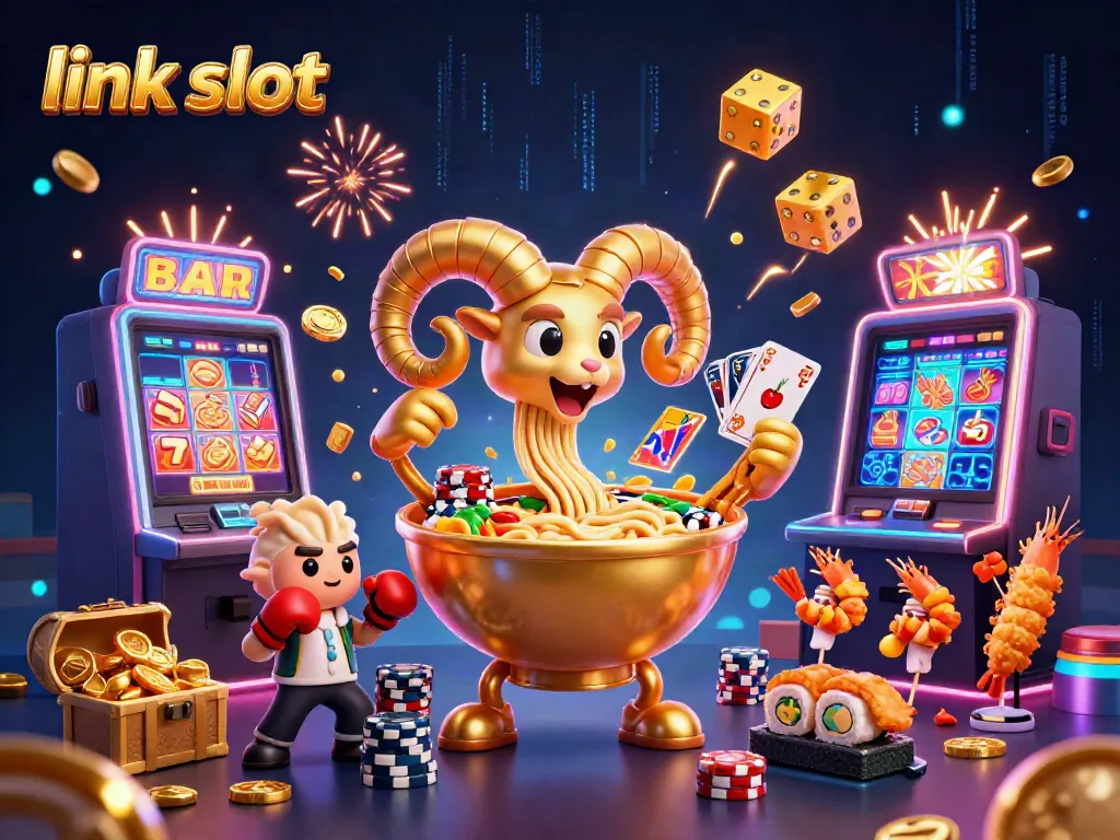 Win big with thrilling link slot action in a vibrant casino scene teeming with energy.