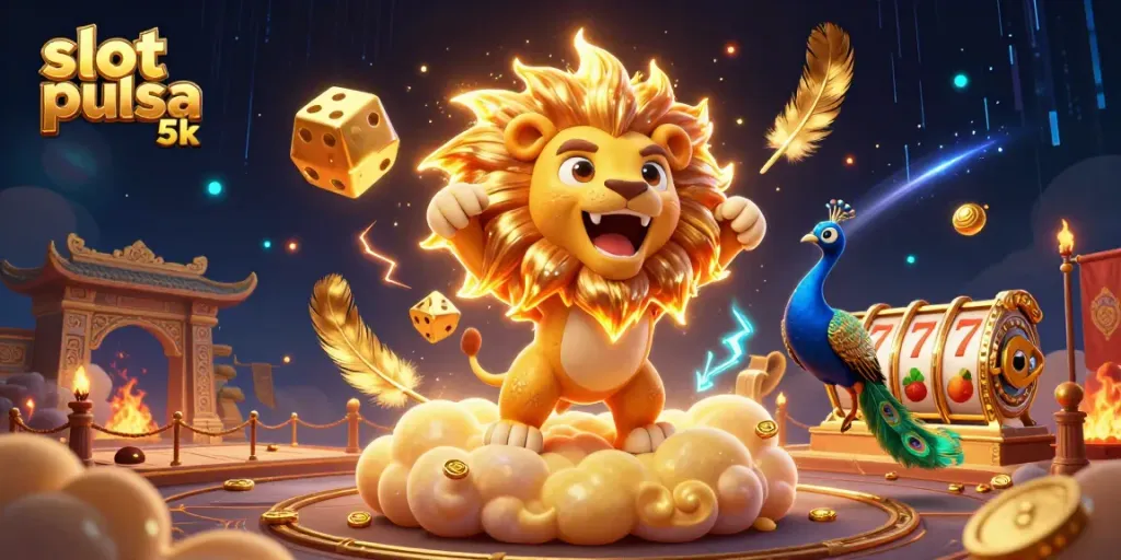 Experience the excitement of slot pulsa 5k with a vibrant casino scene full of dynamic characters and game elements.