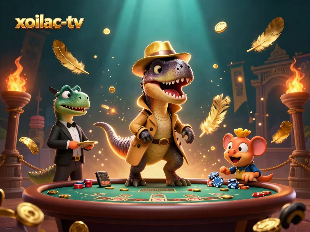 Xoilac-tv brings excitement with a velociraptor card counter and stegosaurus at a blackjack table.