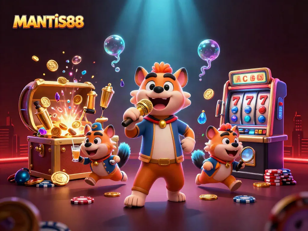 MANTIS88 casino hyenas serving drinks and jokes in a vibrant gaming scene filled with slot machines.
