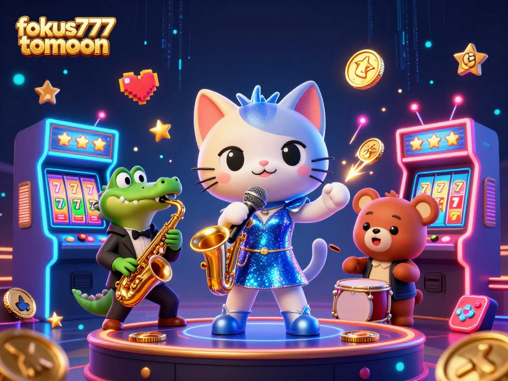 Experience the excitement of fokus777tomoon with this dynamic casino-themed illustration featuring lively characters.