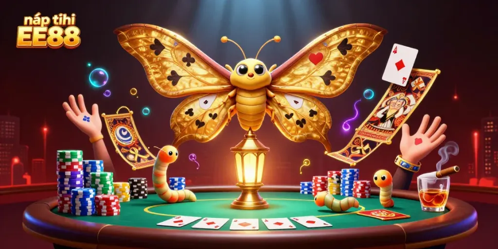 Nạp tiền EE88 swiftly at an animated casino scene featuring a majestic moth and vibrant gaming elements.