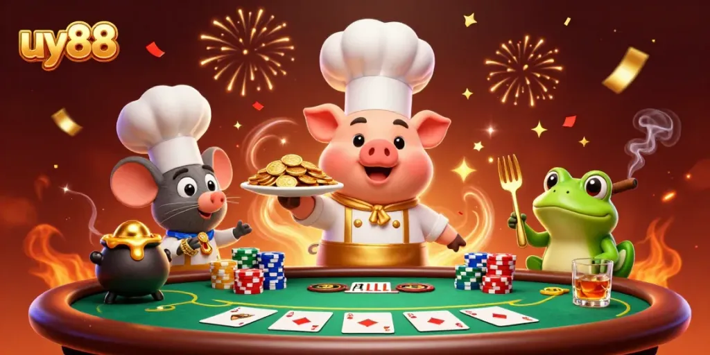 Experience the excitement of uy88 as the chef pig serves gold coins amidst a vibrant casino scene.