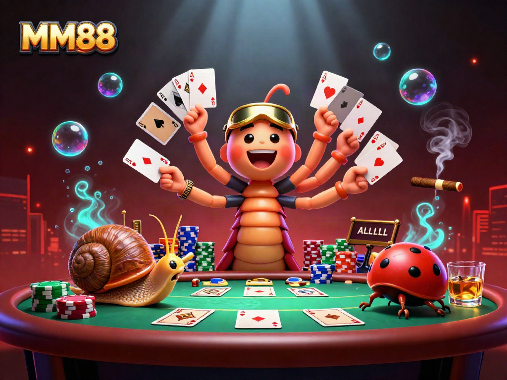Experience MM88 with a vibrant poker scene featuring a millipede dealer and dynamic game elements.