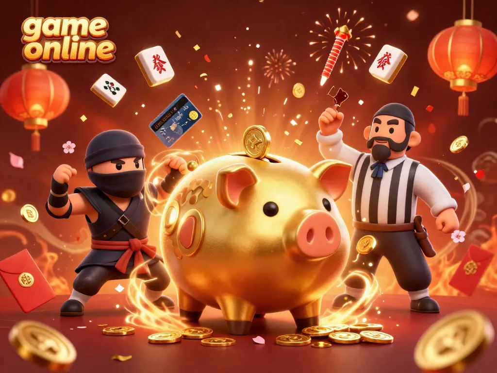 Experience the excitement of game online with a sumo wrestler piggy bank amidst dynamic casino elements.