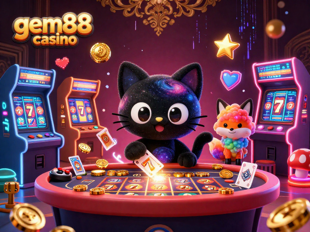 Experience the magic of gem88 casino with the captivating cosmic scene featuring a black hole cat and vibrant slot elements.