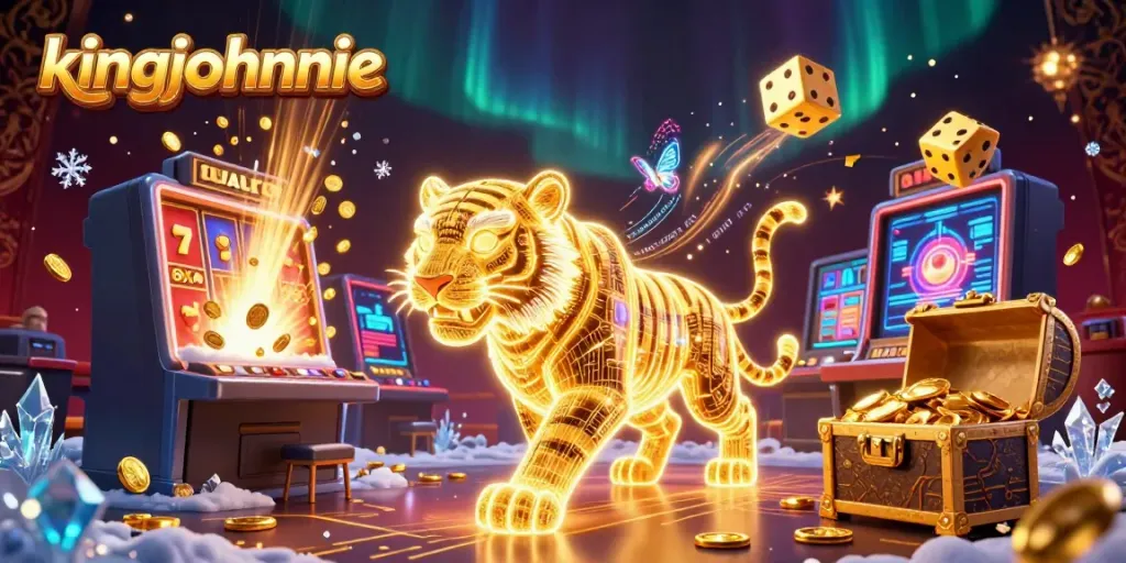 Witness the vibrant energy of kingjohnnie, featuring a golden tiger in a digital casino scene bursting with excitement.