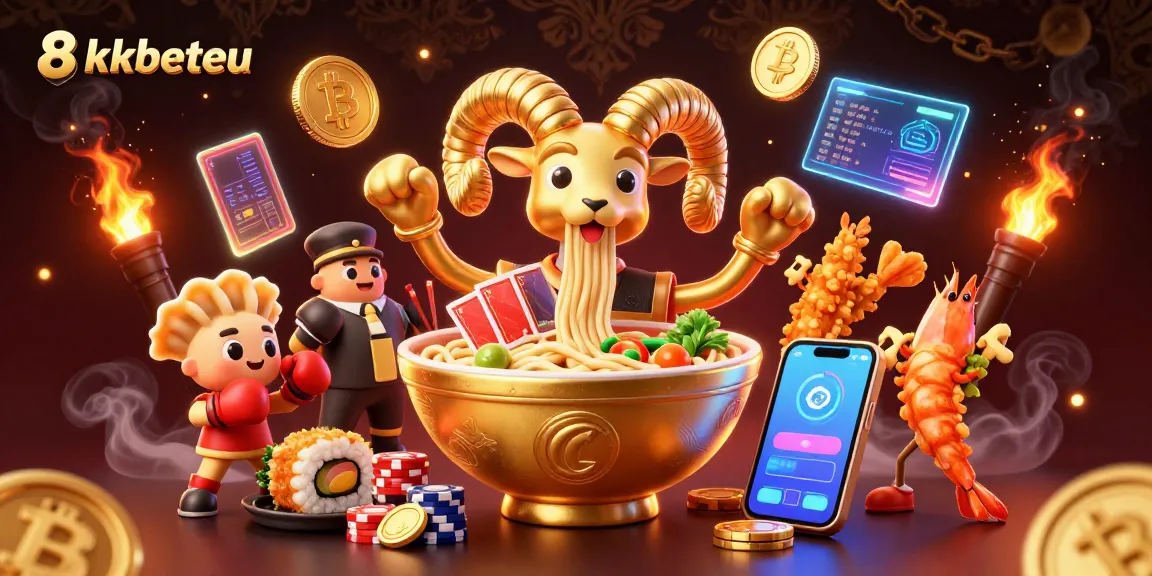 8xbeteu showcases vibrant 3D casino illustration with a golden ramen bowl dealer and crypto elements.