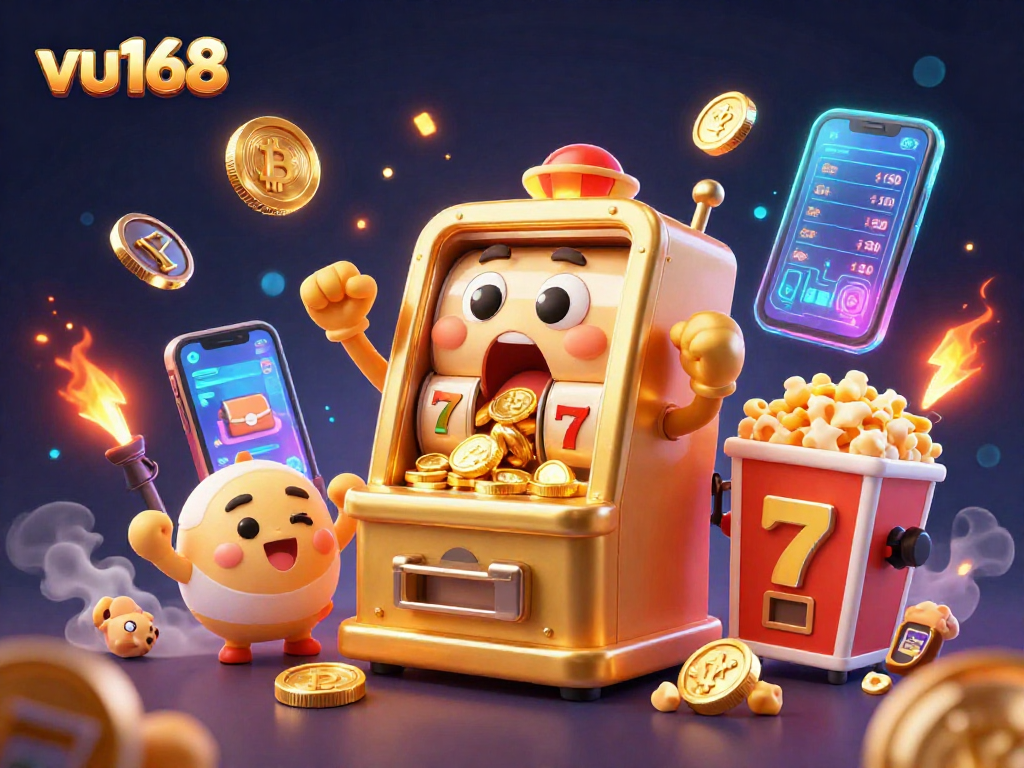 Bets at vu168 with a golden slot machine celebrating its jackpot while coins cascade down.