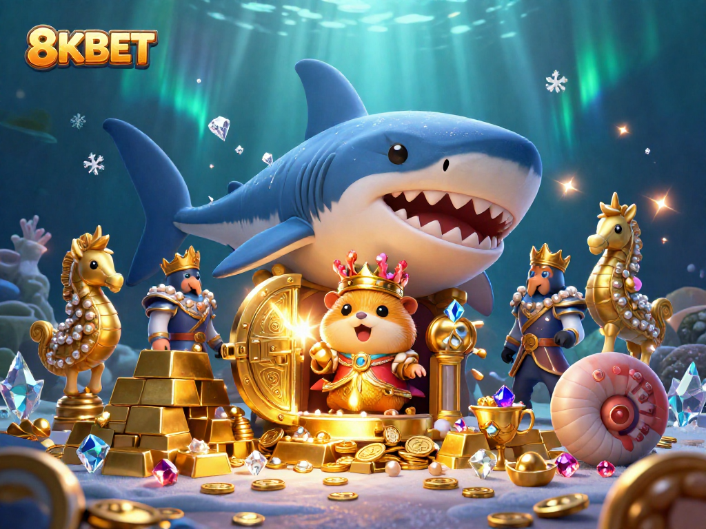Experience the excitement of 8KBET with a vibrant underwater scene featuring treasure and royal characters.