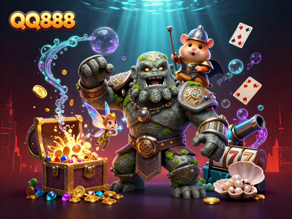 Experience the vibrant and immersive world of QQ888 with the magical golem and fairy in this dynamic casino-themed scene.