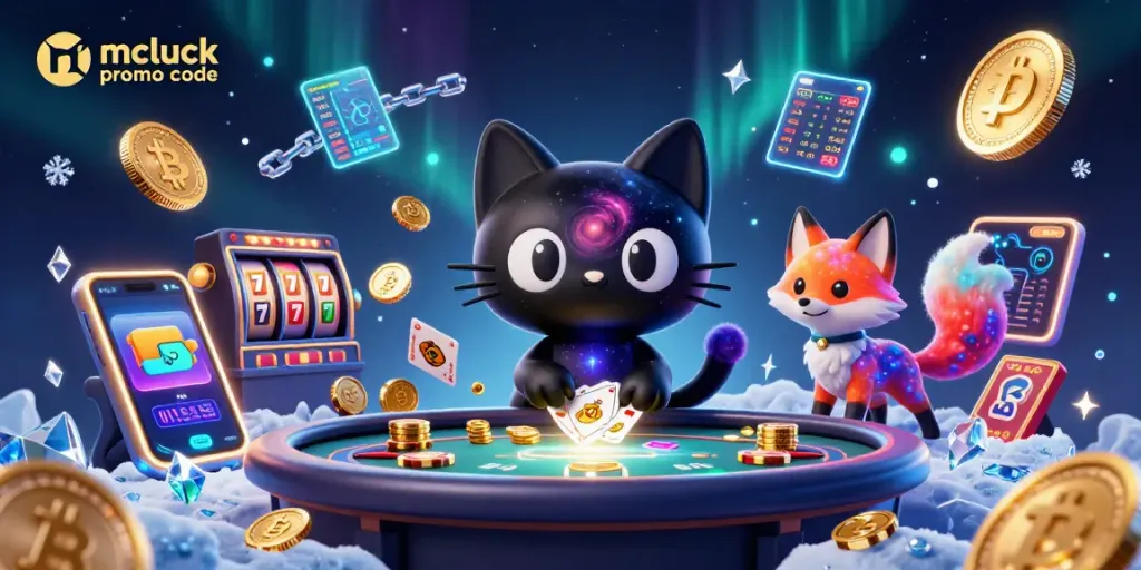 Engage with winning strategies using the mcluck promo code at a vibrant cosmic casino scene.