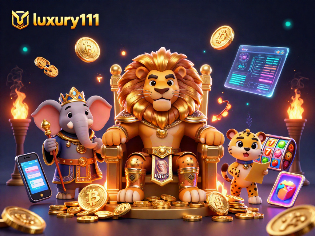 Engage with luxury111 in a vibrant 3D cartoon casino scene featuring rich elements and characters.