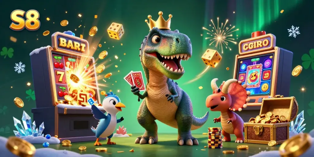 S8 themed 3D illustration of casino characters, showcasing gaming excitement and vibrant action