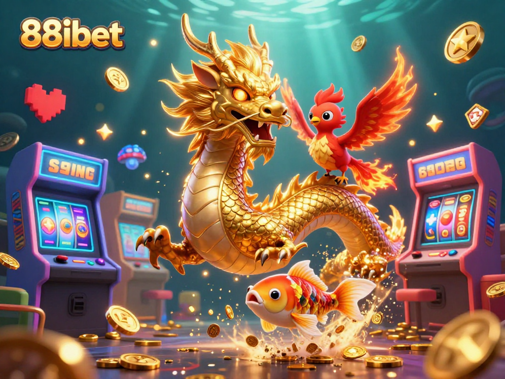 Join the excitement of 88ibet with a fierce dragon and lucky phoenix amidst a vibrant gaming scene.