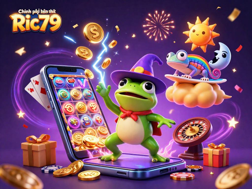 Engage with Chính sách bảo mật Ric79 in a dynamic casino-themed storm of gold coins and characters.