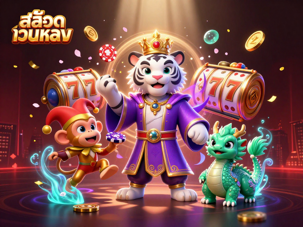 Spin and win with สล็อตเว็บตรง in this vibrant 3D casino scene featuring iconic gaming elements.