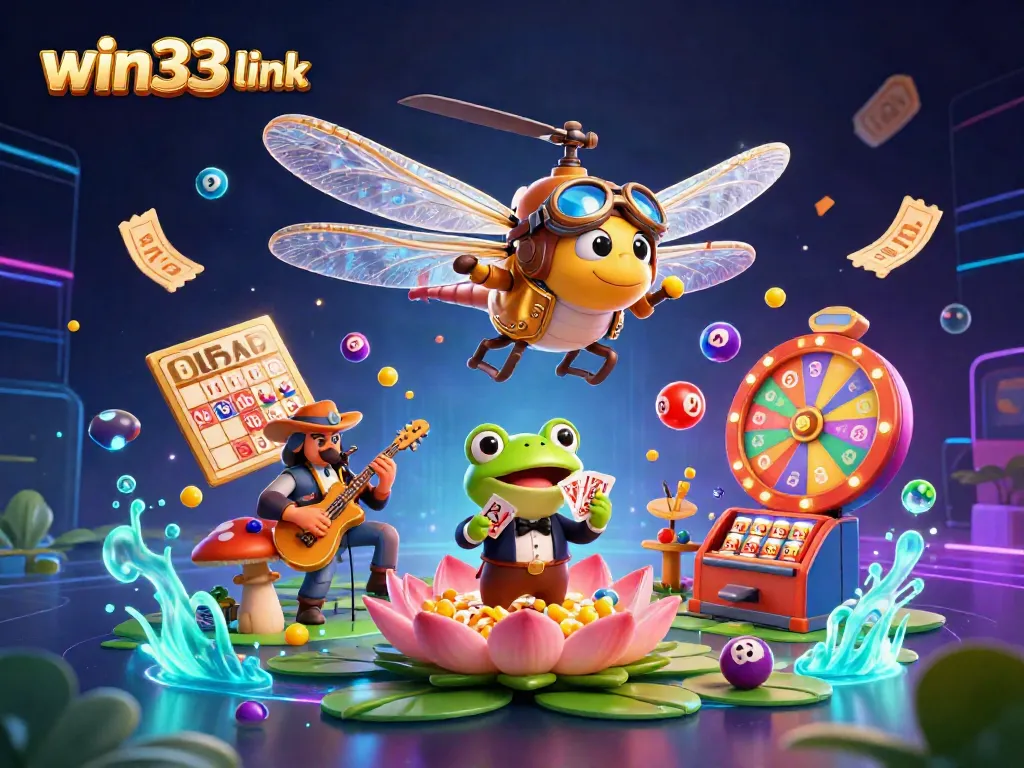 Spin and win with the win33 link at a vibrant lily pad casino featuring dynamic lottery balls.