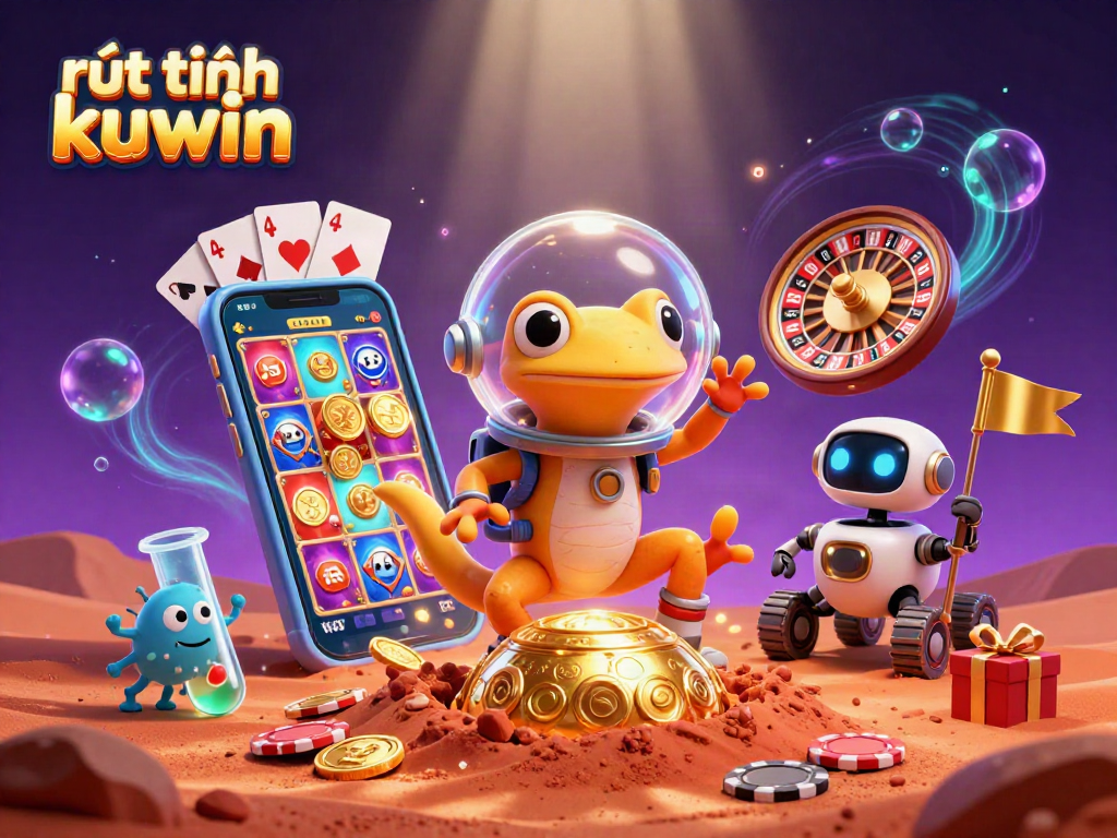 Experience rút tiền kuwin as the Martian gecko uncovers a hidden casino treasure in this vibrant 3D illustration.